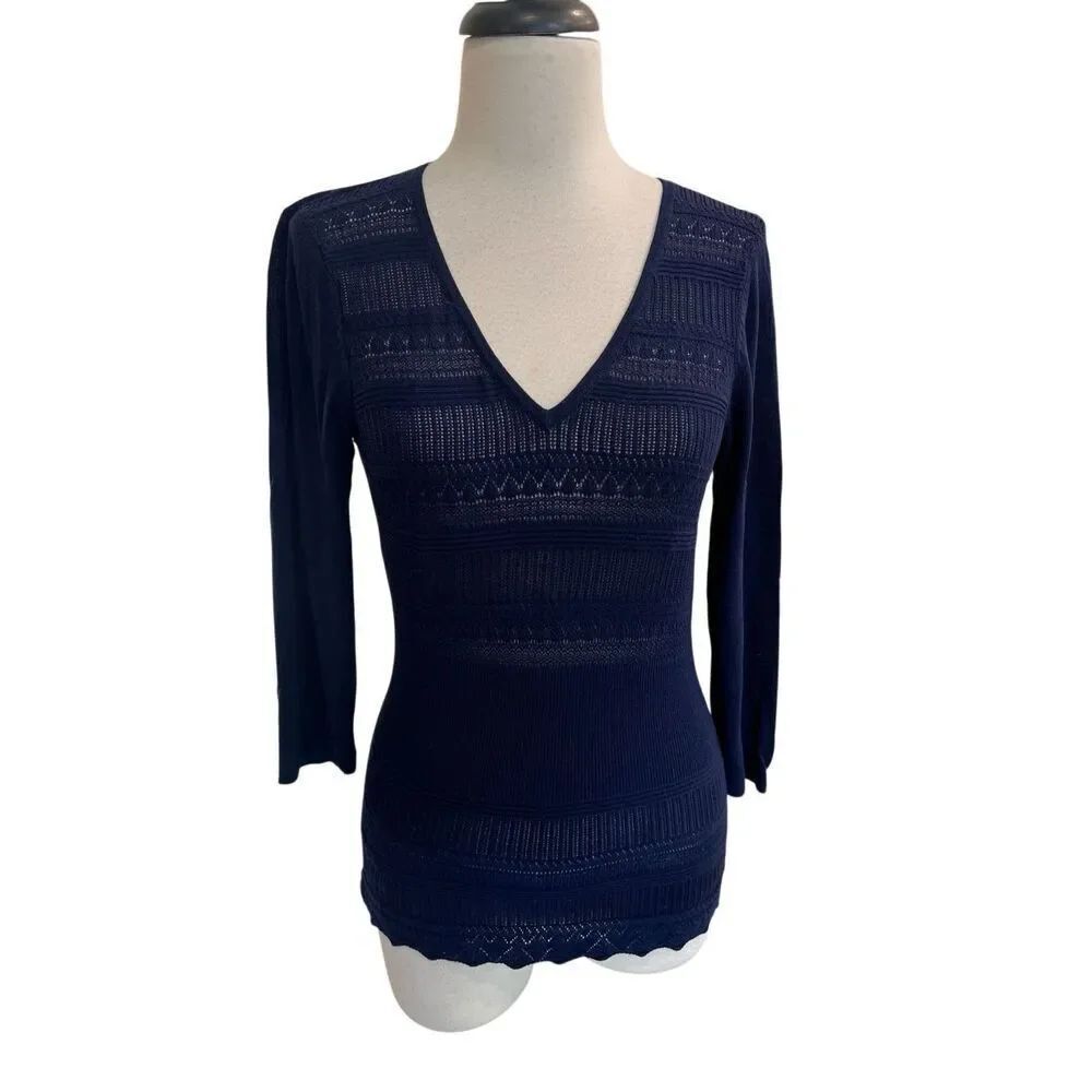 Alberto Makali Women's Lightweight Viscose Crochet Front Sweater Navy Large